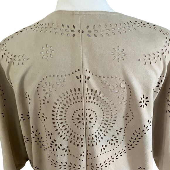 Alya Tan Floral Cut Out Faux Suede Open Cardigan Sz S, Fringe Western Rodeo Boho - Picture 7 of 9